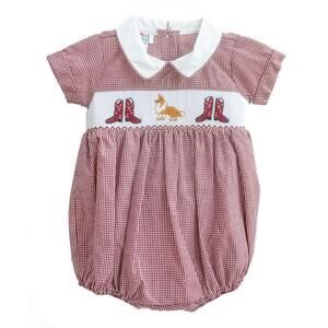 NEW RUTH AND RALPH boy's welcome to college station henry smocked bubble in maro